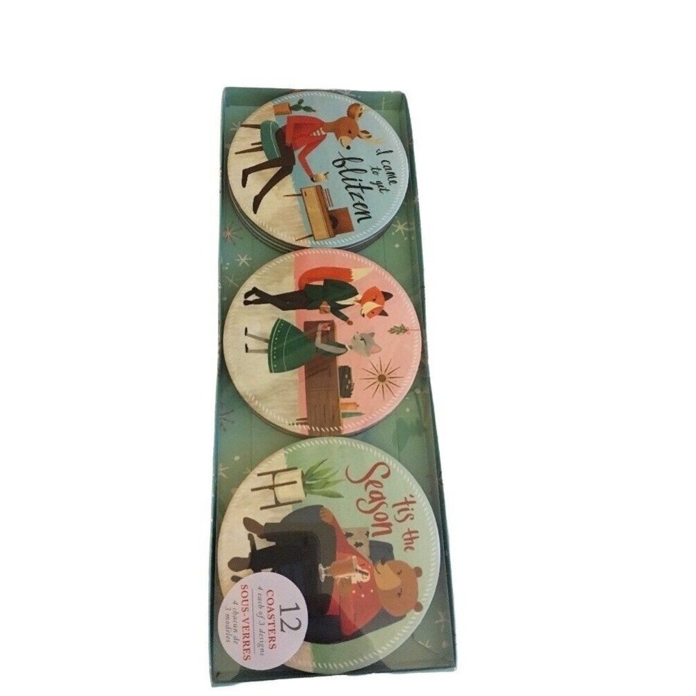Christmas Set of 12 Drink Round Beverage Coaster Fox Deer Bear NEW
